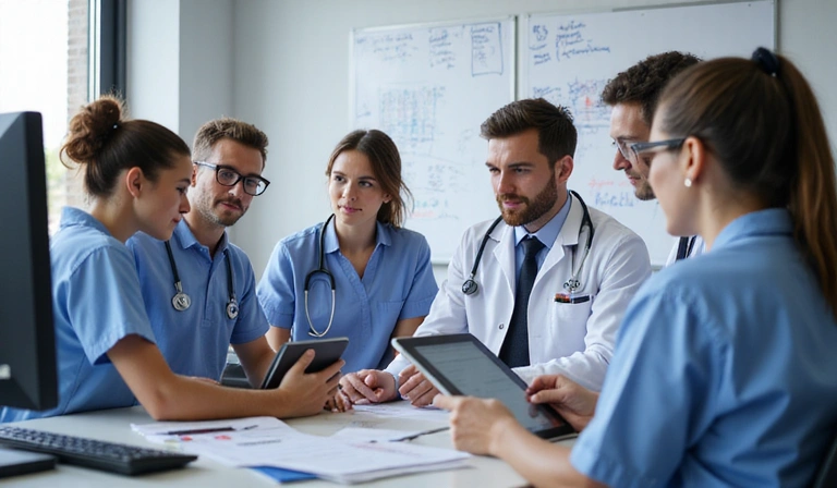 Team collaborating on pharmaceutical content