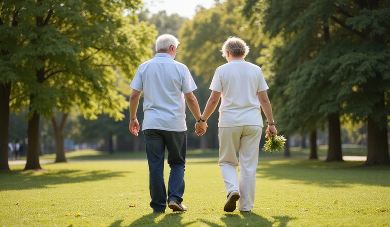 Senior couple walking in park