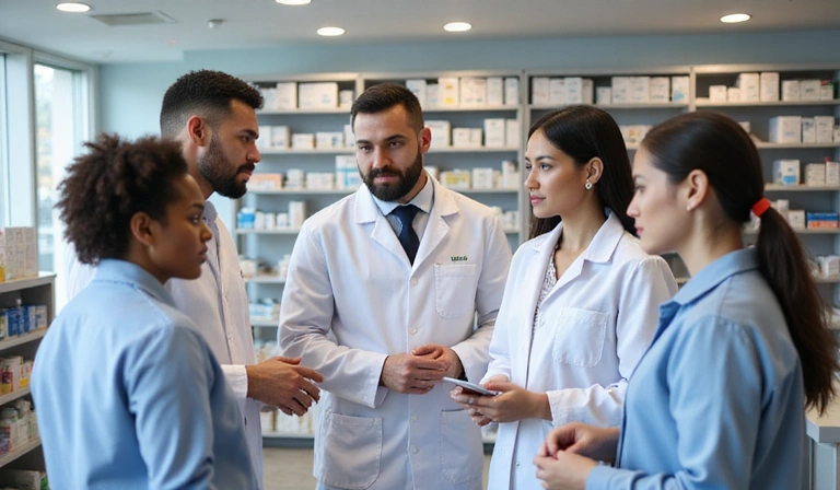 Team of pharmaceutical professionals discussing medication